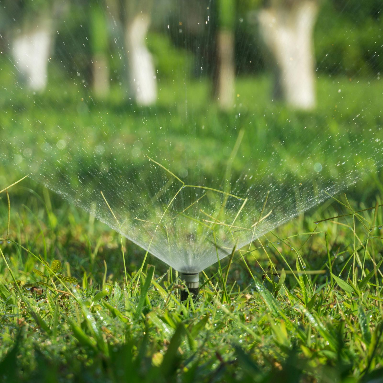 In-ground sprinkler head watering a green lawn